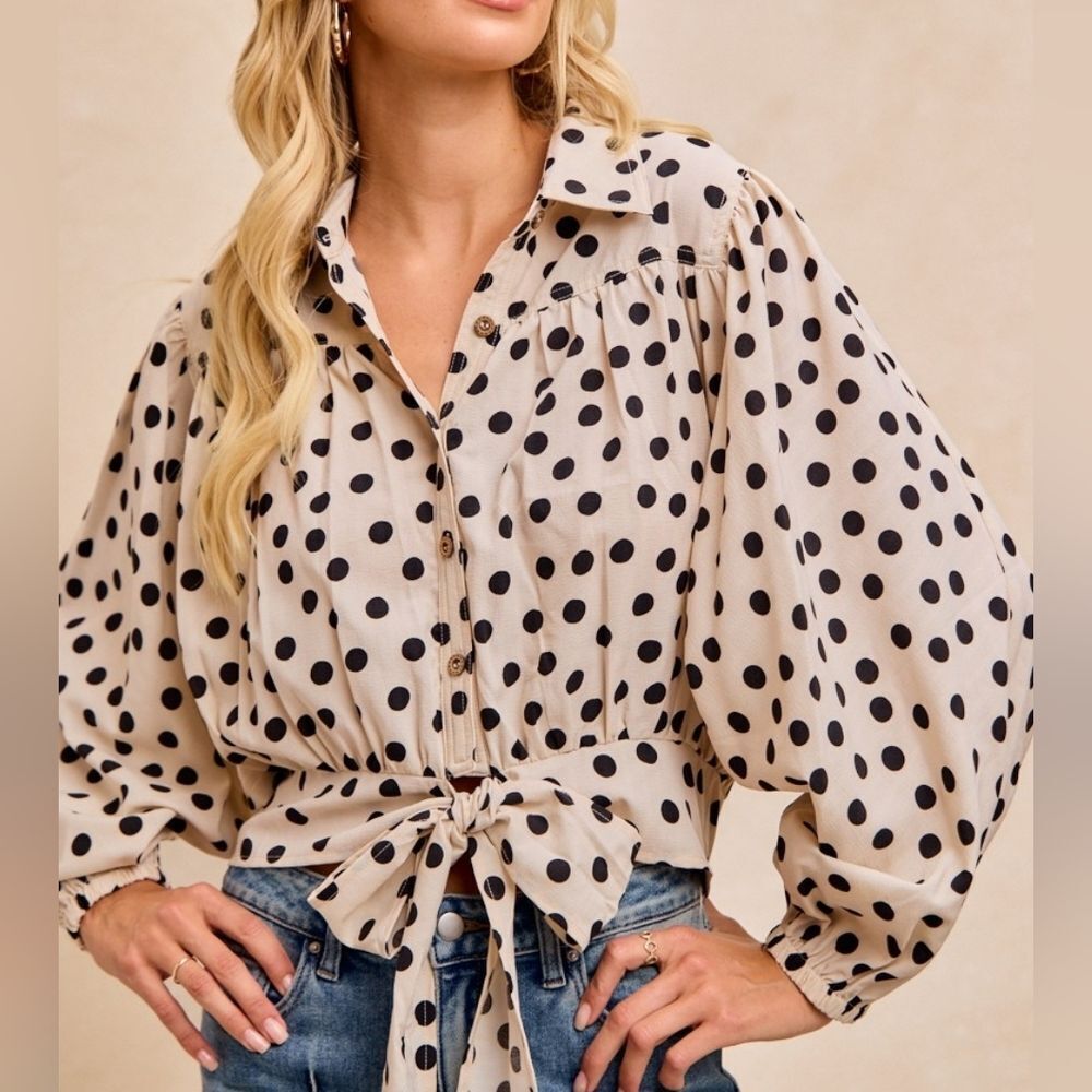 BiBi Polka Dot Bow Tie Hem Crop Shirt Retro Button-Up Blouse sz Large Or XL